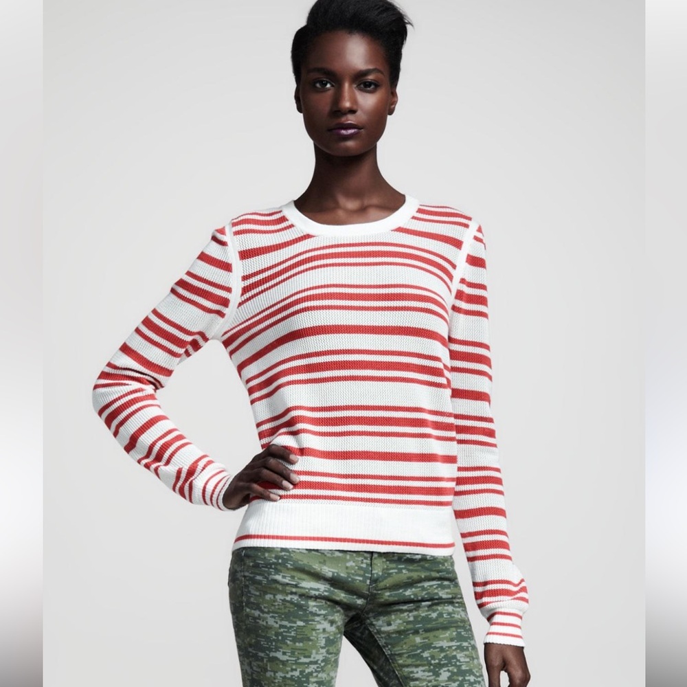 Rag & Bone Kathie Sweater Top Salmon Red and White Striped Crew Neck Size XS